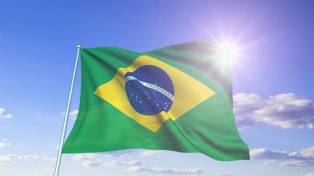 istock Brazilian flag with fabric structure against a cloudy sky 1132839033
