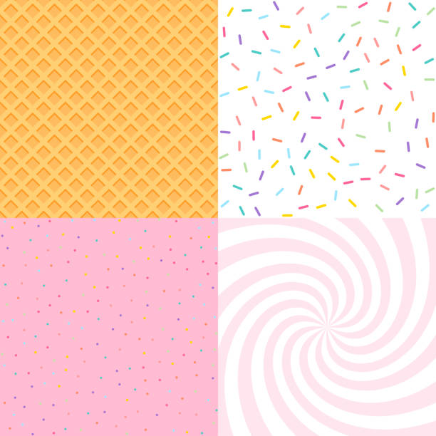 도넛과 아이스크림 유약, 색종이, 와플과 완벽 한 배경입니다. 장식적인 밝은 뿌리 짜임새 패턴 디자인 세트 - candy stock illustrations