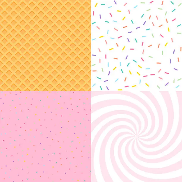 Vector illustration of Seamless background with donut and ice cream glaze, confetti, waffle. Decorative bright sprinkles texture pattern design set