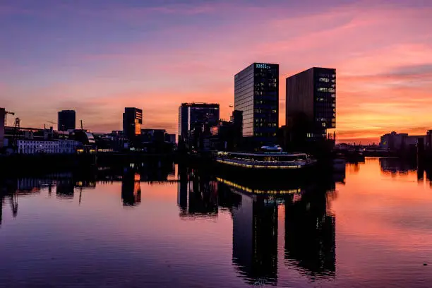 Skyline of Düsseldorf MedienHafen (Media Harbour) at sunset