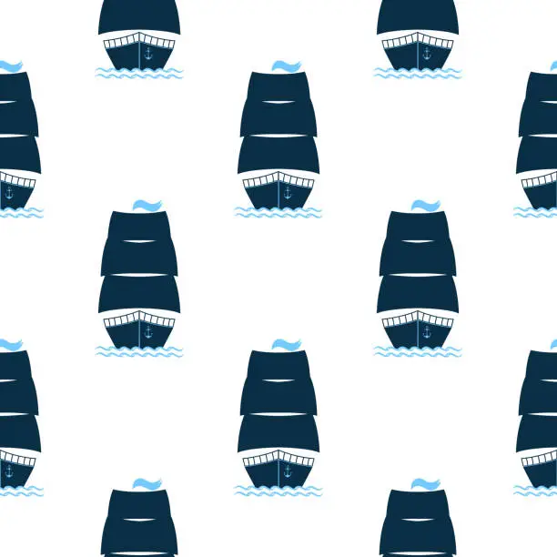 Vector illustration of Ship with raised sails seamless pattern. Vector icon for a pleasure boat, water freight, marine club or restaurant.