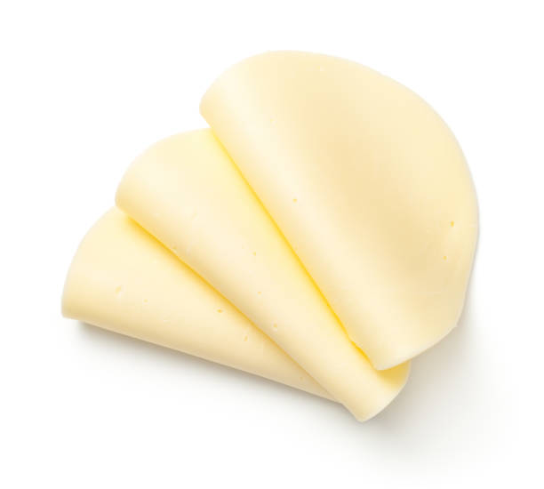 mozzarella cheese slices isolated on white background - mozzarella imagens e fotografias de stock