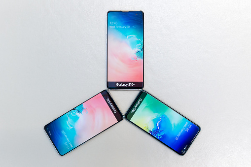 Belgrade, Serbia - February 27, 2019: Three new Samsung Galaxy S10, S10e and S10 plus mobile cellphones are displayed on isolated background.