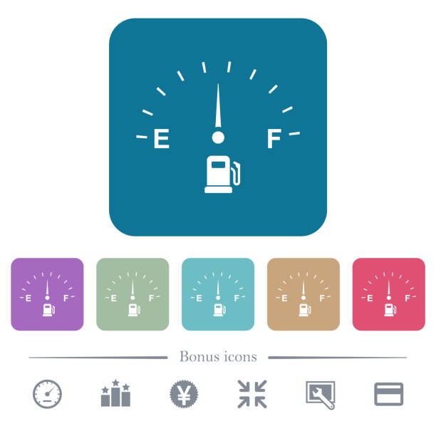 płaskie ikony wskaźnika paliwa na kolorowym, zaokrąglonym kwadratowym tle - gas gauge full empty stock illustrations