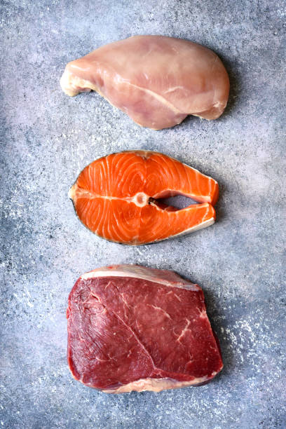istock Raw marbled meat, red fish and chicken breast 1132856309