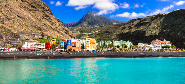 Natural beauty of Canary islands - La Palma, Puerto de Tazacorte with turquoise sea stock photo