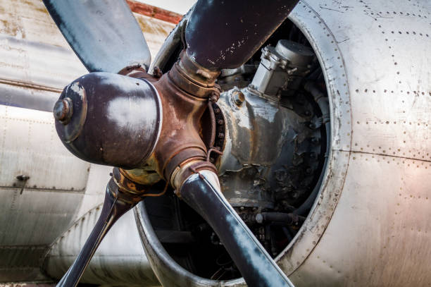 istock Old rusted airplane engine in close up shot 1132856741