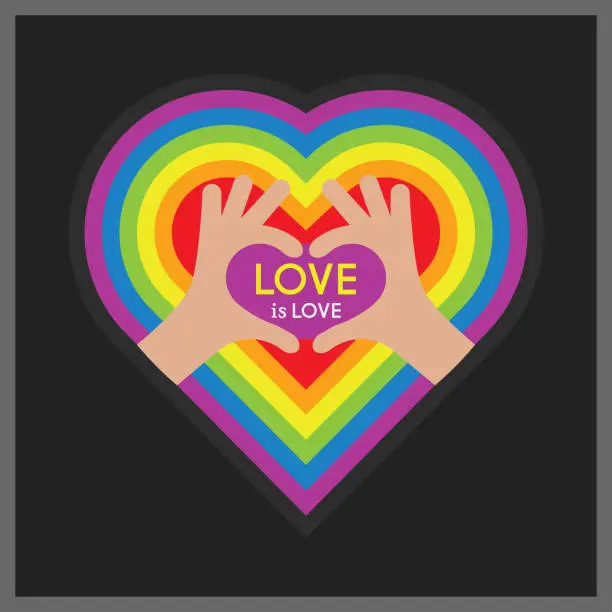 Vector illustration of Abstract showing heart symbol hands and Love is Love message on multi colors heart emblem with black background