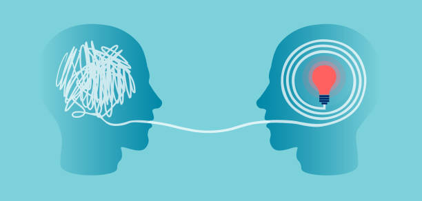 understanding and communication process concept Vector silhouette of two profile heads one with scribbling and second with accurate right maze ending in a light bulb. explaining stock illustrations