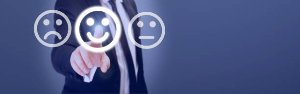 istock customer satisfaction survey.businessman touch smile icon. 1132863343