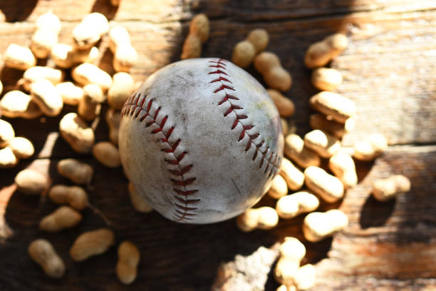 vieux cuir de baseball - baseball baseballs peanut american culture photos et images de collection