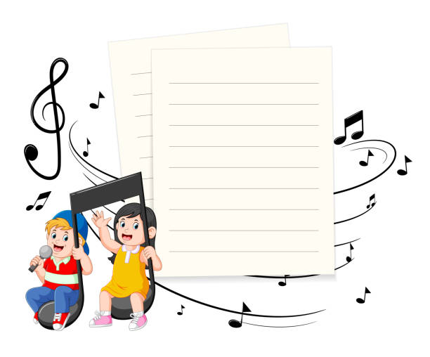 ilustraciones, imágenes clip art, dibujos animados e iconos de stock de niño y niña montando notas de música con fondo de papel en blanco - 6646