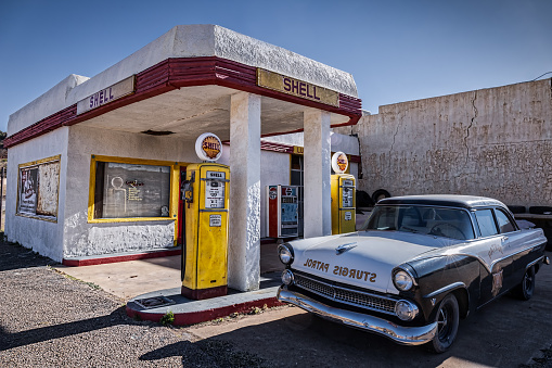Lowell, Arizona / United States - November 25: 1955 Ford Fairlane Town Sedan police car parked at a Shell Station on November 25, 2018 in Lowell.