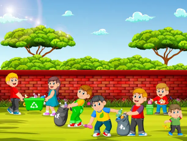 Vector illustration of A Group of Children Cleaning Garden