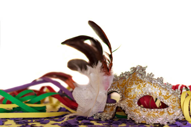 istock Carnival party concept. Mask, Streamers And Confetti against white background 1132867241