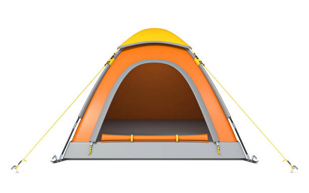 carpa de camping amarilla naranja 3d - tent camping dome tent single object fotografías e imágenes de stock