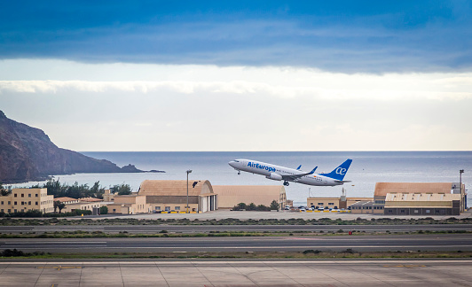 Las Palmas de Gran Canaria, Spain - December 13, 2018: Boeing 737-85P aircraft (reg.number EC-MVY), operated by Air Europe taking off from the Las Palmas de Gran Canaria Airport (LPA)