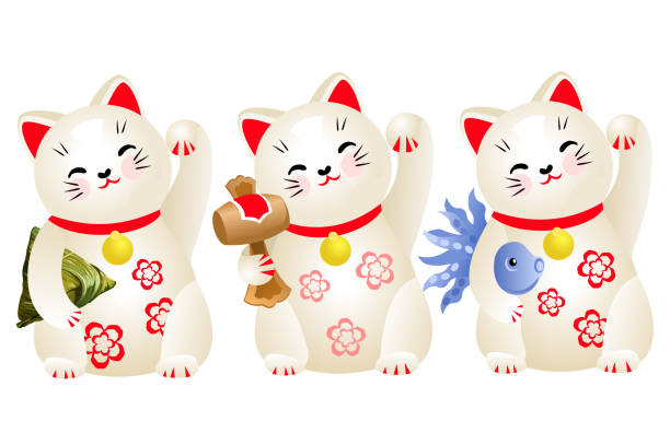 japanische glückskatze (maneki neko) figuren. traditionelles asiatisches geld-und geschäftsgeschoß. set von vektorbildern. - winkekatze stock-grafiken, -clipart, -cartoons und -symbole