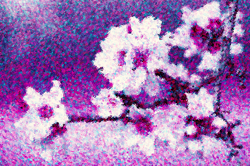 Colorful Almond Tree Flowers Pink Purple Blue White Blossom Branch Spring Multi Colored Background Copy space Macro Photography Impressionism Pointillism Art Imitation