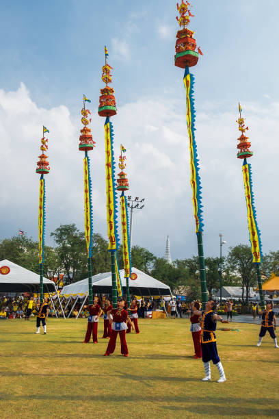 classical thai dance drama in sanam luang, bangkok - traditional festival juggling women performer imagens e fotografias de stock