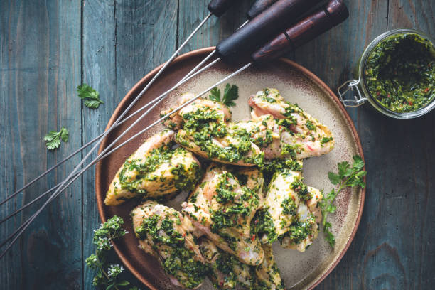 Grilled Chimichurri chicken wing Barbecue for summer Chicken Wing Chimichurri Sauce Grilled Bbq for Summer grillade stock pictures, royalty-free photos & images