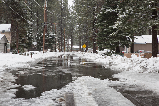 Flooded Neighborhood During Atmospheric River Rain on Snow Event in Lake Tahoe.