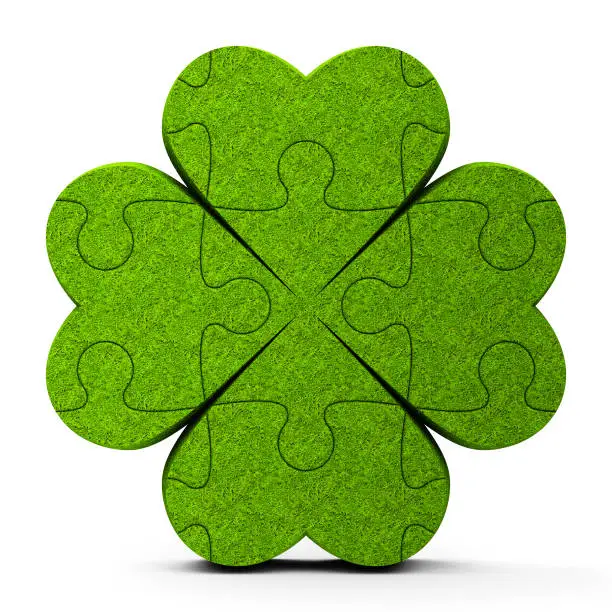 Green puzzle trefoil sign isolated on white background - represents Happy Saint Patrick's Day, three-dimensional rendering, 3D illustration