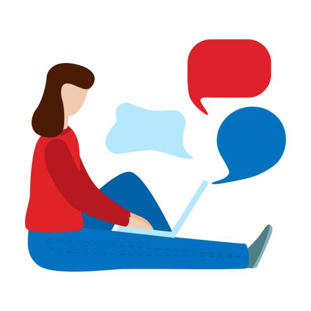 istock Social networks communication concept. Woman sit and use laptop. Dialogue, chatting, communication. 1132887484