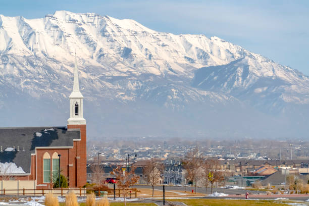 istock Eagle Mountain church against Mount Timpanogos day 1132892704