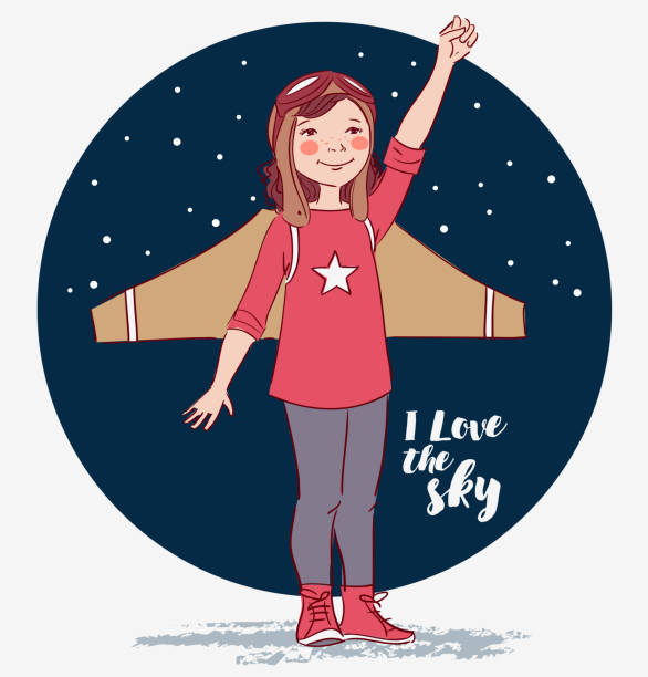 dziewczynka marzy o zostaniu pilotem - wing star shape freedom image stock illustrations