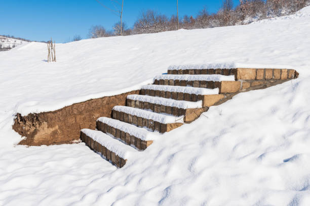Snow covered staircase in the garden