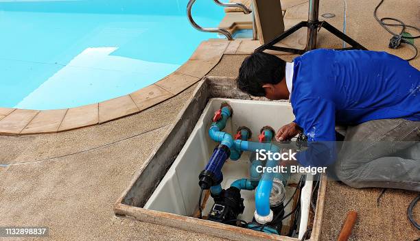 Swimming Pool Maintenance Stock Photo - Download Image Now - Swimming Pool, Repairing, Water Pump