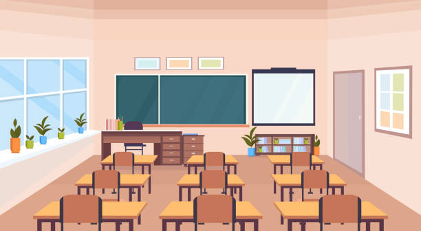 ilustrações, clipart, desenhos animados e ícones de moderno escola sala de aula interior giz mesa secretárias vazio ninguém horizontal banner plana - aula