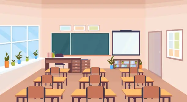 Vector illustration of modern school classroom interior chalk board desks empty no people horizontal banner flat