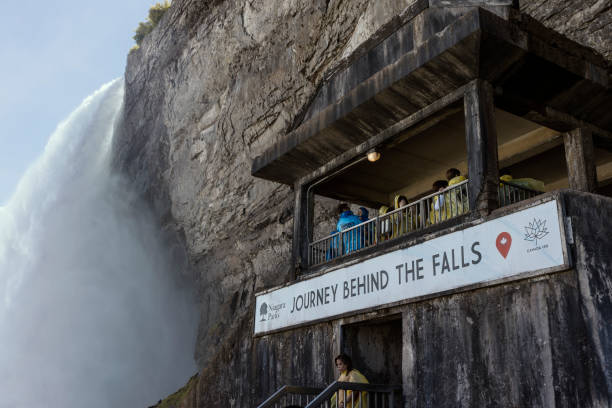 Journey Behind the Falls NIAGARA FALLS, ONTARIO, CANADA - JUNE 25, 2018: Journey Behind the Falls (known until the early 1990s as the Scenic Tunnels) is an attraction located beside the Canadian Horseshoe Falls falling behind stock pictures, royalty-free photos & images