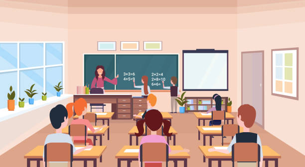 pupils solving math problem on chalkboard during lesson education concept modern school classroom interior male female cartoon characters horizontal flat pupils solving math problem on chalkboard during lesson education concept modern school classroom interior male female cartoon characters horizontal flat vector illustration classroom stock illustrations