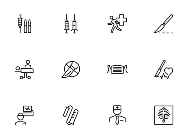 Emergency line icon set. Syringe, surgery Emergency line icon set. Syringe, surgery, doctor. Medicine concept. Can be used for topics like attack, accident, disease scalpel stock illustrations