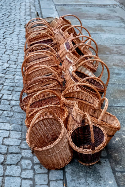 istock Empty hand woven baskets at a Christmas market. 1132902369