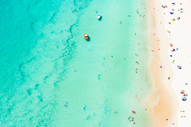 View from above, aerial view of a beautiful tropical beach with white sand, turquoise clear water and people sunbathing, Surin beach, Phuket, Thailand. View from above, aerial view of a beautiful tropical beach with white sand, turquoise clear water and people sunbathing, Surin beach, Phuket, Thailand. satun province stock pictures, royalty-free photos & images