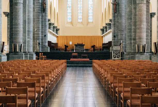 istock Empty church aisle in Belgium 1132907033