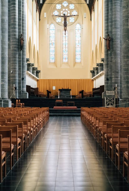 istock Empty church aisle in Belgium 1132907071