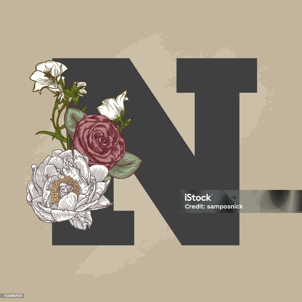 Vintage Beige Floral Drop Cap Letter Detailed vintage floral line art plays up against a chunky letter drop cap. Decoration stock vector