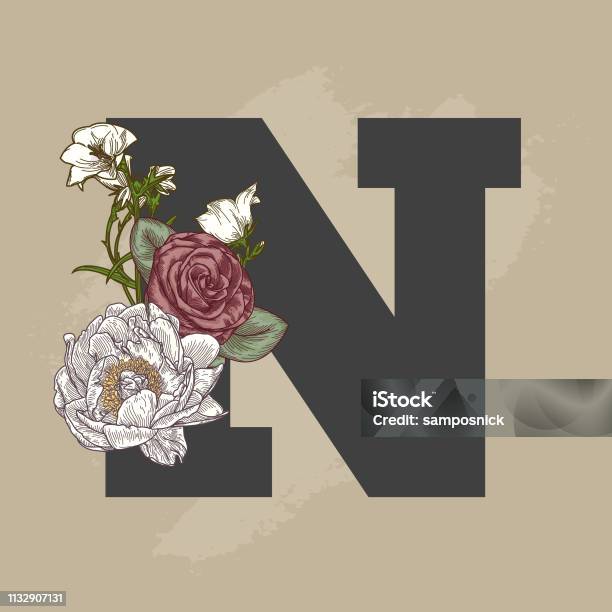 Vintage Beige Floral Drop Cap Letter Stock Illustration - Download Image Now - Decoration, Letter N, Alphabet