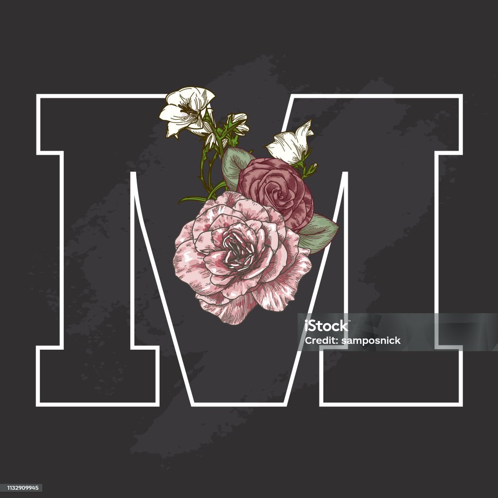 Vintage Floral Chalk Art Style Drop Cap Letter M Vintage-styled line art floral drop cap on a chalkboard look backdrop. Flower stock vector