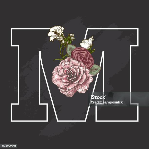 Vintage Floral Chalk Art Style Drop Cap Letter M Stock Illustration - Download Image Now - Flower, Letter M, Alphabet