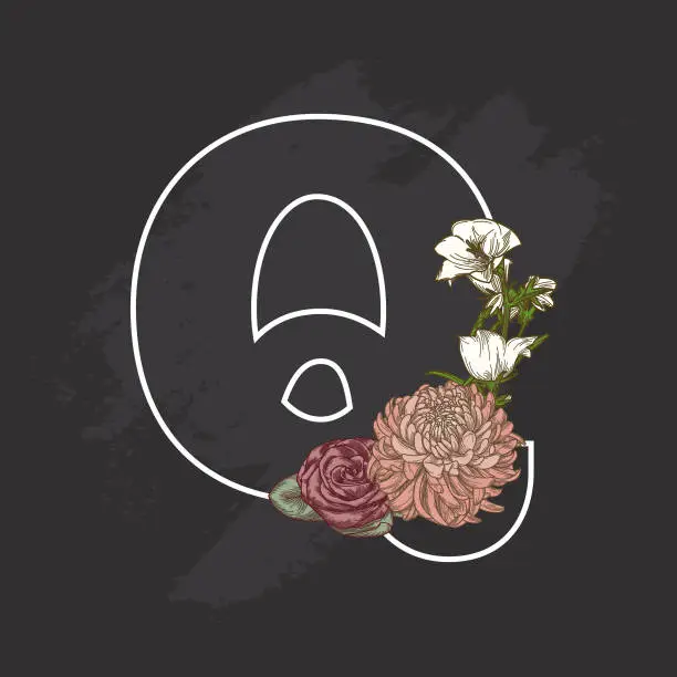 Vector illustration of Vintage Floral Chalk Art Style Drop Cap Letter Q