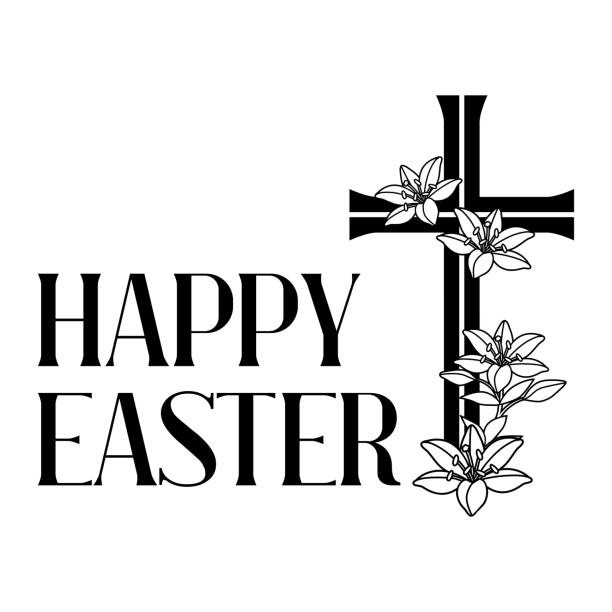 Happy Easter concept illustration. Cross and lilies. Happy Easter concept illustration. Cross and lilies. Greeting card. with religious symbol of faith. pics of a cross easter lilies stock illustrations