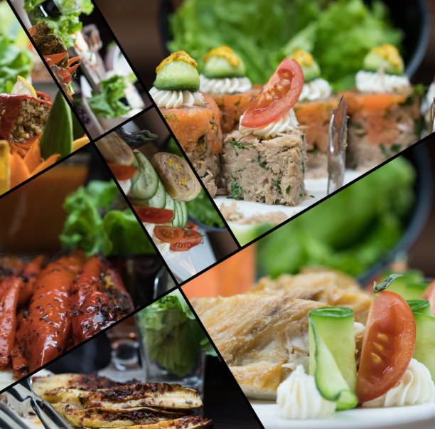 Collage of restaurant buffet Collage of restaurant buffet cheese market stock pictures, royalty-free photos & images