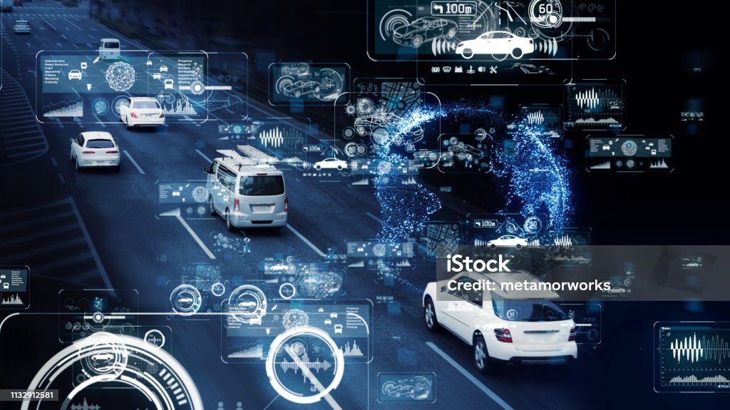 Communication network of transportation. GUI (Graphical User Interface). HUD (Head up Display). Surveillance Stock Photo