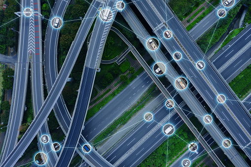Communication network of transportation concept. Traffic control system.
